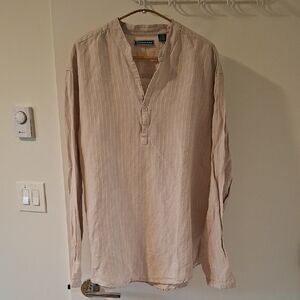 Cubavera Men's Beige Striped Linen/Rayon Collarless Long-sleeve Shirt (Size XL)